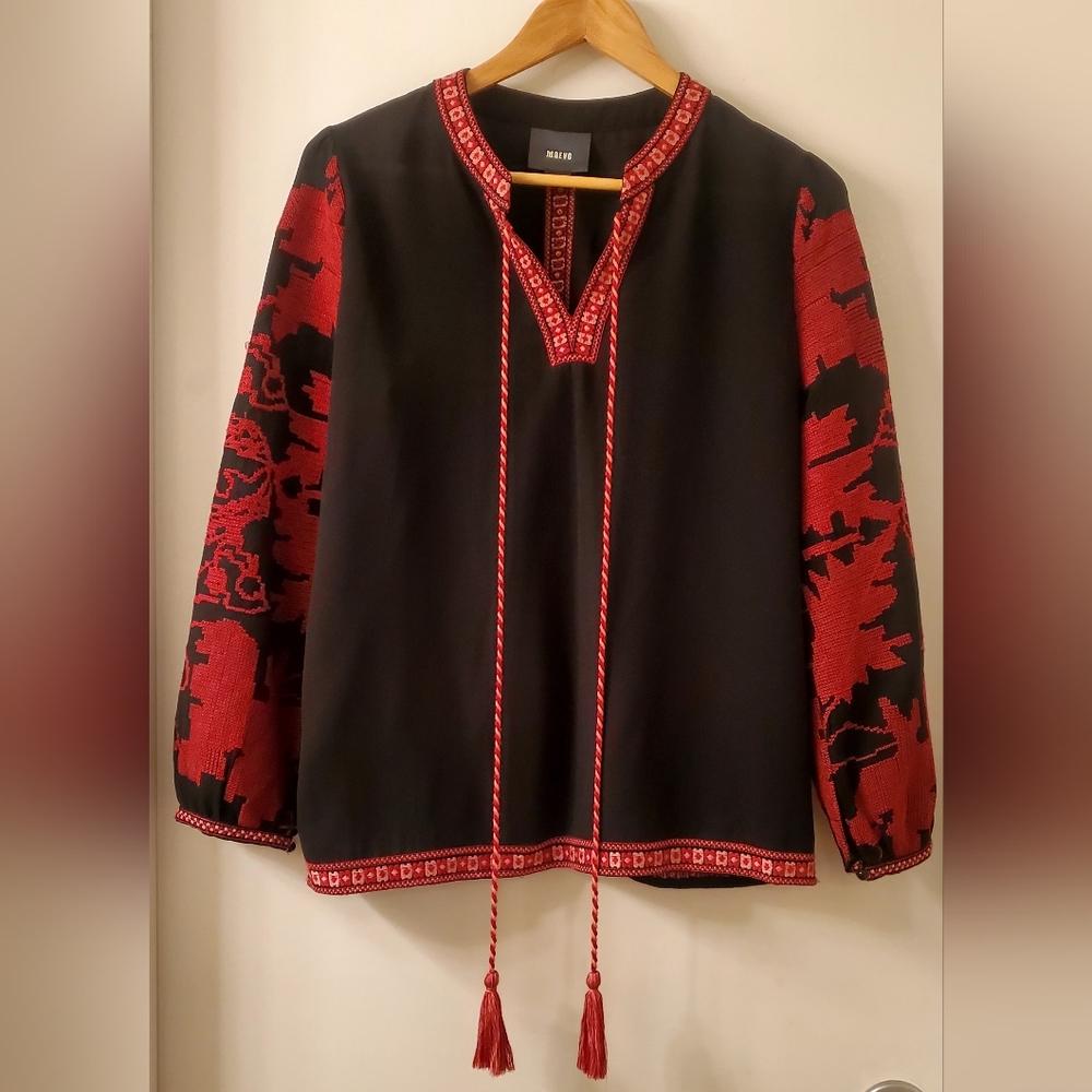 Maeve Anthropologie Blouse Embroidered V Neck Peasant Black/Red SZ Small